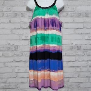 Calvin Klein Striped Multicolor Sleeveless Faux Leather Trim Dress Large